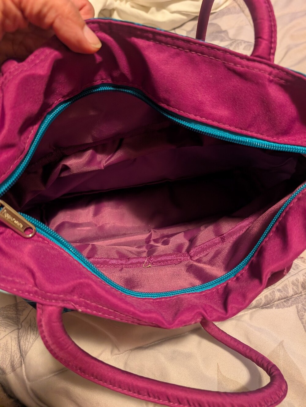 Tupperware Blue Teal Geometric Insulated Tote Bag Purple Handles - Picture 6 of 7